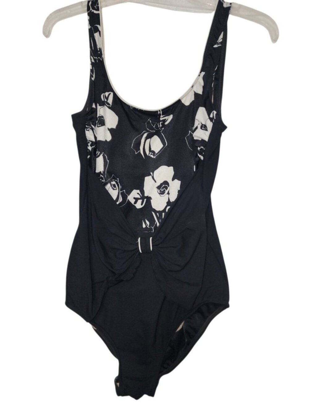Longitude Womens One Piece Swimsuit Black White Floral Tummy Control 14T Tall